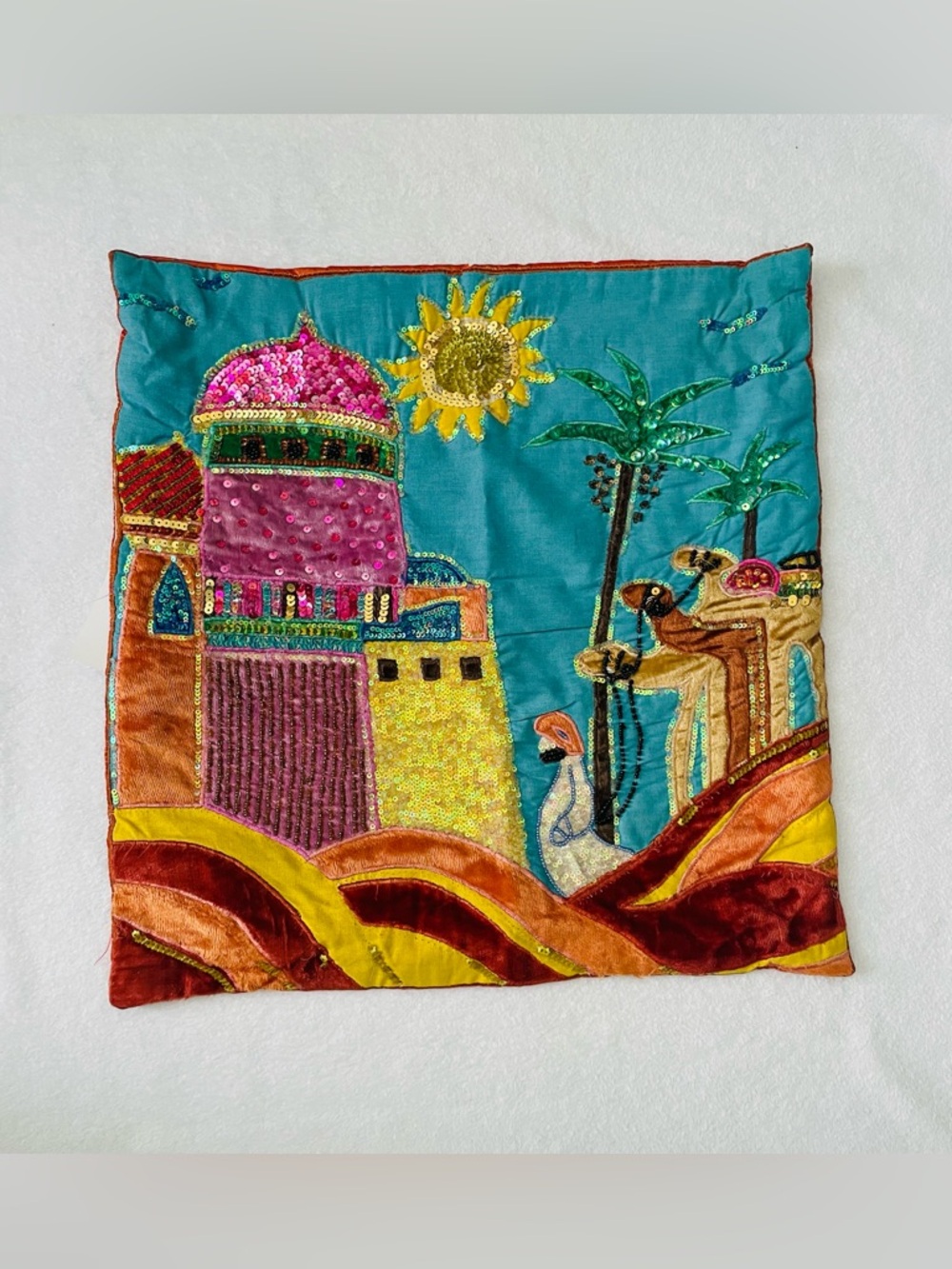 Camel Company Pillow Cover 17”x 17” Colorful Beaded Desert Camels Artsy Dubai